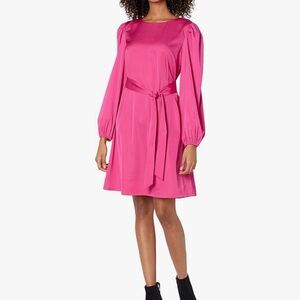 Hot pink A Line tie dress NWT stretchy satin like material long sleeves